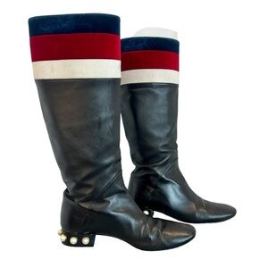 GUCCI ‘Jem’ black leather faux Pearl red blue white velvet stripe riding boot 39